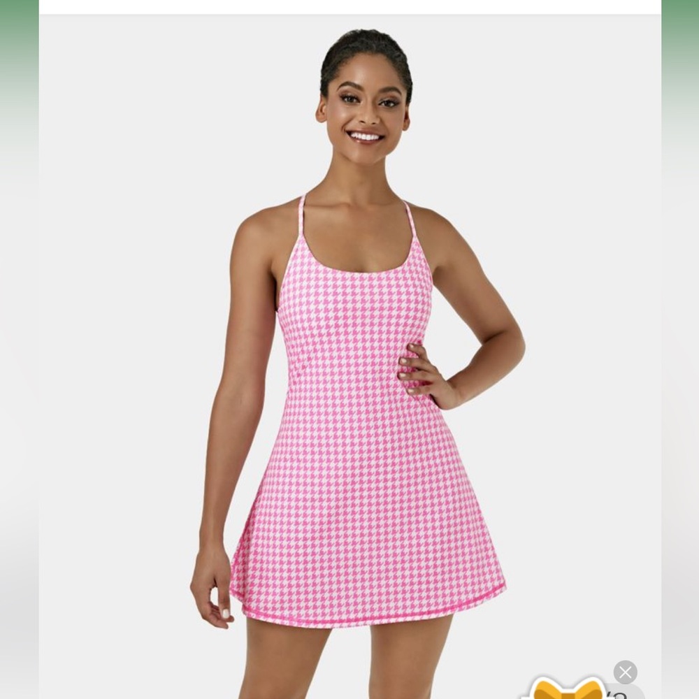 Halara pink and white checkered exercise dress.